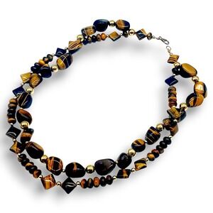 Unbranded Tiger's Eye Double Strand Beaded Necklace OS Brown Gold Tones